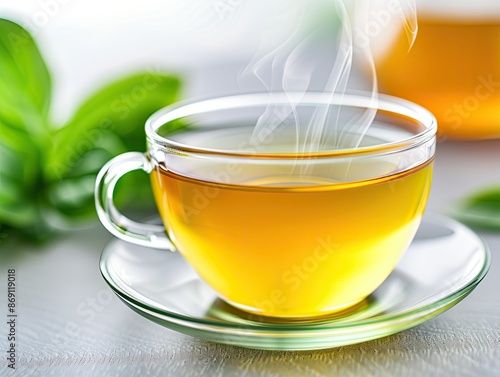 A steaming cup of green tea in a transparent glass cup and saucer, surrounded by fresh tea leaves on a light background. photo