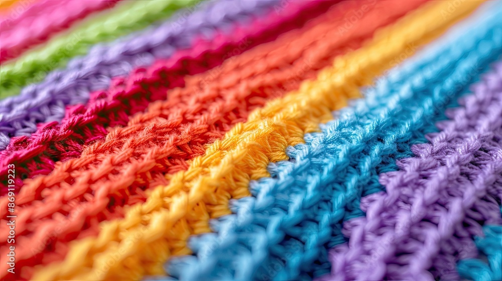 Close-up of a colorful knitted fabric with vibrant rainbow stripes, showing detailed stitches and texture Close-up of a colorful knitted fabric with vibrant rainbow stripes, showing detailed stitches and texture