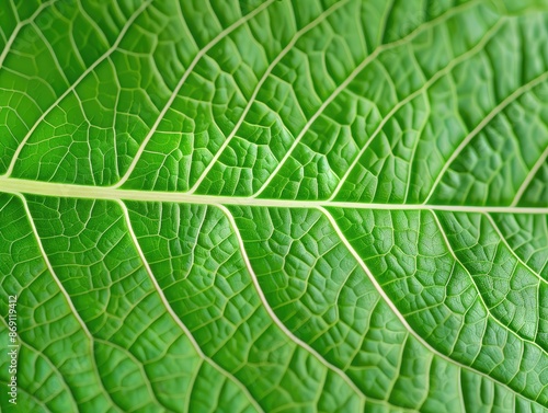 Close-up of a vibrant green leaf showing detailed vein patterns, demonstrating the beauty and complexity of nature.