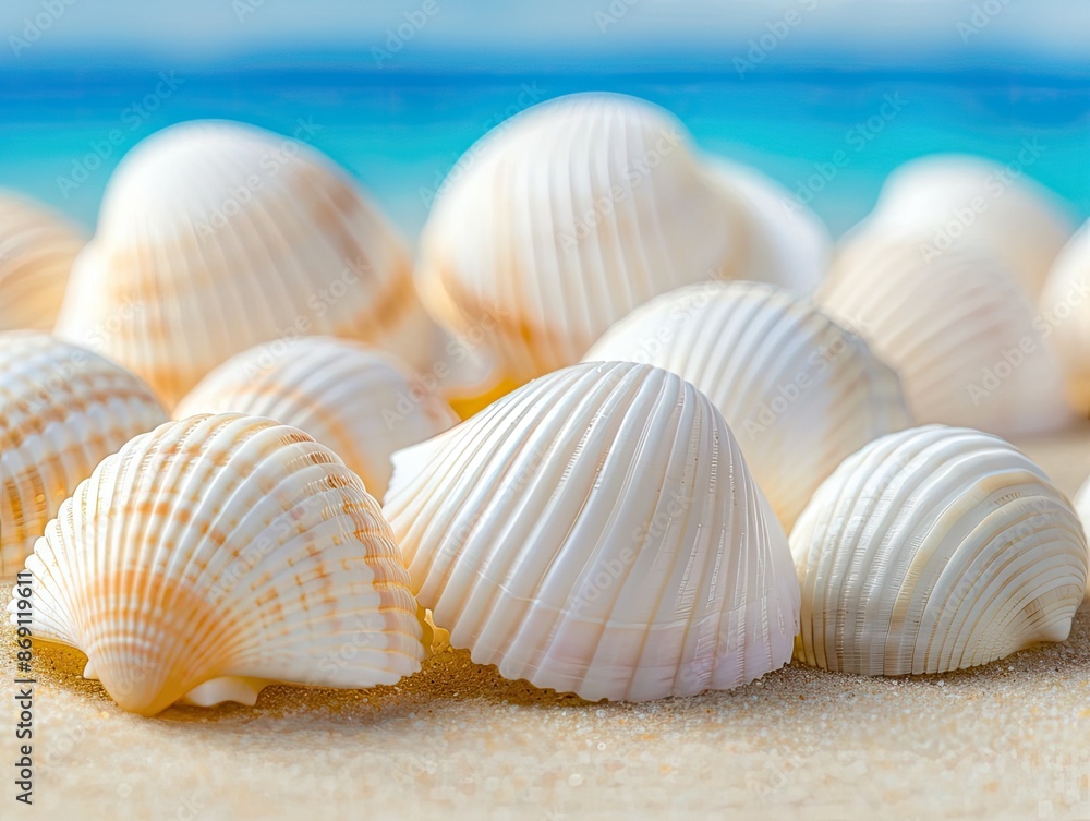 Close-up of white seashells on sandy beach with clear blue ocean in background, perfect for summer and nature themes. Close-up of white seashells on sandy beach with clear blue ocean in background, perfect for summer and nature themes.