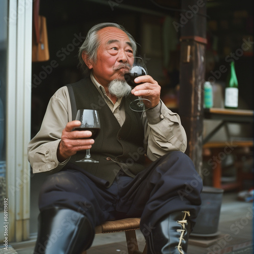 Japanese old man drinking wine at home