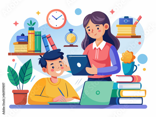 Studying together: Student and tutor with laptops and books in educational environment. Students are being tutored using laptops, with a focus on education, learning, study, student, tutoring, and mor
