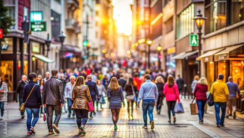 City Shopping Street Blur: A blurred background of a shopping street in the city with people walking, perfect for retail and urban lifestyle themes.	
