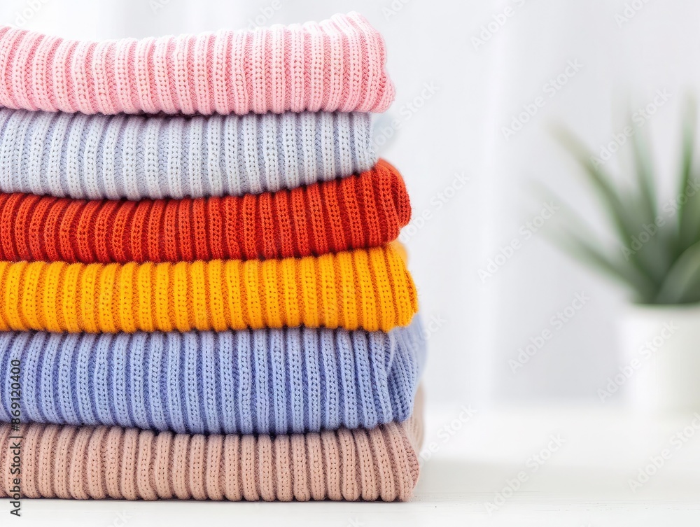 Stack of colorful folded sweaters in various pastel shades, highlighting cozy knitwear fashion against a bright background. Stack of colorful folded sweaters in various pastel shades, highlighting cozy knitwear fashion against a bright background.