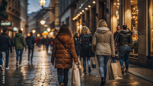 City Shopping Street Blur: A blurred background of a shopping street in the city with people walking, perfect for retail and urban lifestyle themes. 