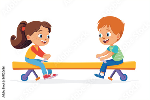 Happy children friends playing in seesaw park and spring nature. Children on seesaw. Boy and Girl Having Fun Riding Seesaw. 