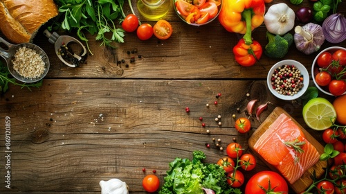 wooden table features a diverse selection of fresh and colorful foods that can support heart health and lower cholesterol