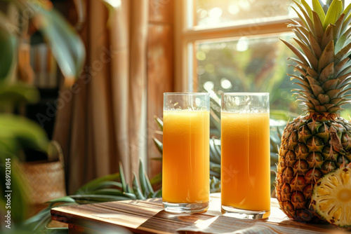 Two Glasses of Pineapple Juice with a Fresh Pineapple in the Background