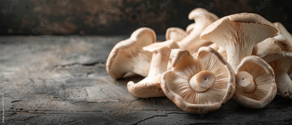 Fresh mushrooms arranged on a rustic wooden surface, showcasing their intricate details and natural textures. Fresh mushrooms arranged on a rustic wooden surface, showcasing their intricate details and natural textures.