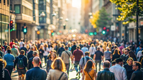 Fototapeta Naklejka Na Ścianę i Meble -  Urban Street Crowd Blur: A blurred background of a busy city street with a crowd of people walking, suitable for urban and lifestyle themes.	
