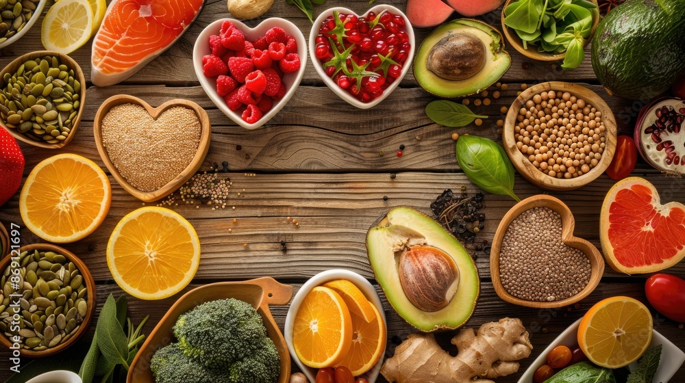 wooden table features a diverse selection of fresh and colorful foods that can support heart health and lower cholesterol wooden table features a diverse selection of fresh and colorful foods that can support heart health and lower cholesterol