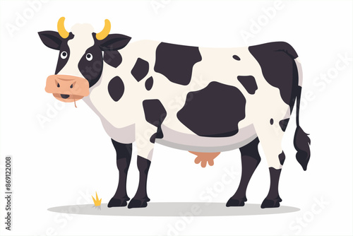  cow cartoon standing with eating, isolated on a white background. cow cute cartoon character animal, with green grass, flat kawaii style design vector. cute cow in flat style vector illustration.
