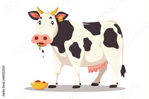  cow cartoon standing with eating, isolated on a white background. cow cute cartoon character animal, with green grass, flat kawaii style design vector. cute cow in flat style vector illustration.