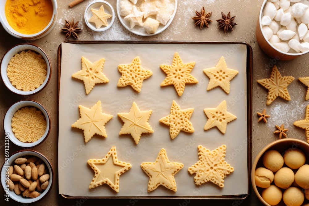Top down view of Christmas cookies baking preparations. Star shaped biscuits Top down view of Christmas cookies baking preparations. Star shaped biscuits