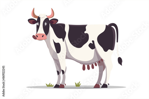  cow cartoon standing with eating, isolated on a white background. cow cute cartoon character animal, with green grass, flat kawaii style design vector. cute cow in flat style vector illustration.