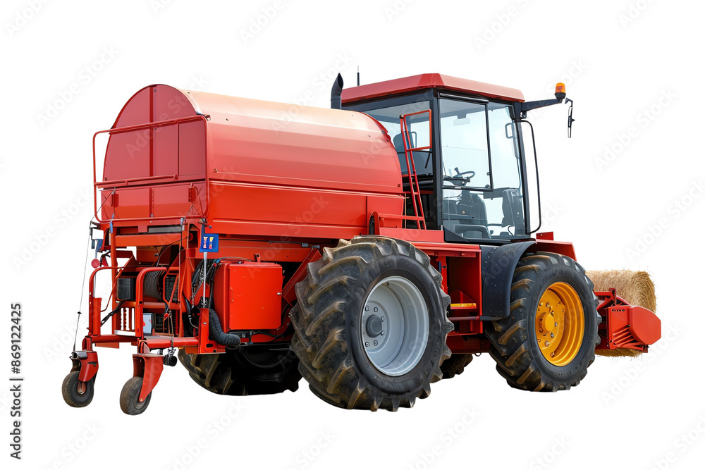Red agricultural tractor with large wheels and cabin, isolated on white background, designed for field work and heavy-duty tasks. Red agricultural tractor with large wheels and cabin, isolated on white background, designed for field work and heavy-duty tasks.