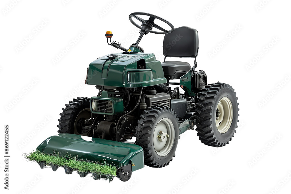 Riding lawn mower isolated on white background, showcasing powerful green machinery for efficient grass cutting and maintenance. Riding lawn mower isolated on white background, showcasing powerful green machinery for efficient grass cutting and maintenance.