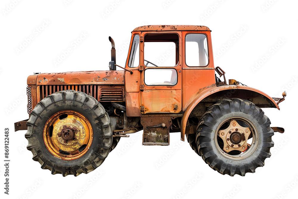 Side view of an old rusty tractor isolated on a white background, highlighting its aged and weathered condition. Side view of an old rusty tractor isolated on a white background, highlighting its aged and weathered condition.