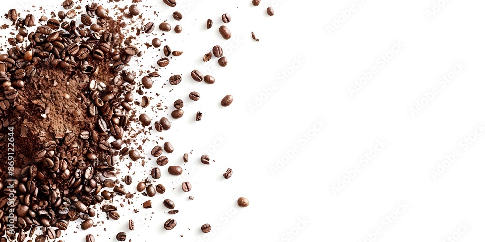 Contemporary and authentic depiction of ground roasted coffee on a white surface. Concept Coffee Photography, Roasted Beans, White Background Contemporary and authentic depiction of ground roasted coffee on a white surface. Concept Coffee Photography, Roasted Beans, White Background