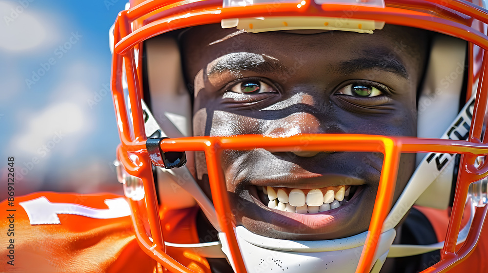 Close up of a football player in orange helmet, sporting gear smiles Close up of a football player in orange helmet, sporting gear smiles