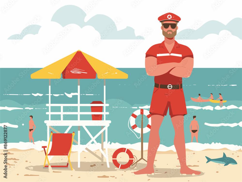 Fototapeta premium Animated Sentinels: Vigilant Lifeguards Ensure Safety at the Azure Coast