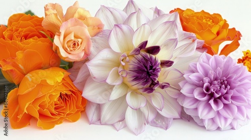 Assortment of fresh pastel dahlias and bright orange roses are arranged together against a clean white background ideal for romance advertising visuals.