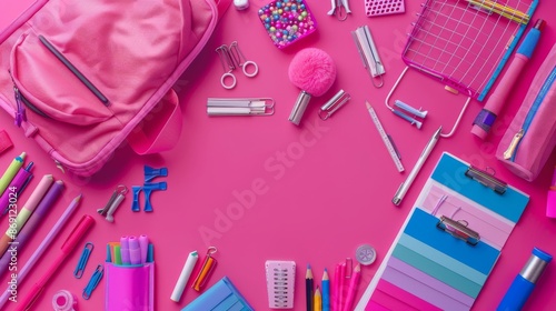 A topdown view of a pink backpack and colorful school supplies neatly arranged on a vibrant pink background
