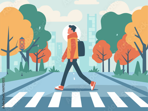 Person Walking on Sidewalk: A Safe Pedestrian Crossing the Street, Vector Illustration