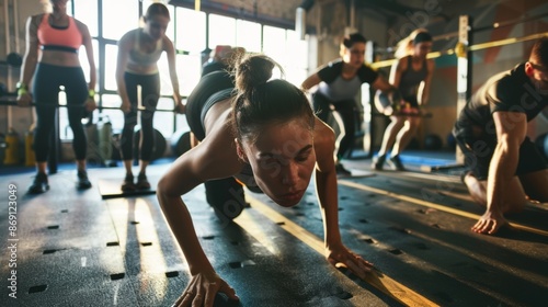 People in a group workout in a gym, one person doing a plank exercise, highlighting teamwork and fitness, bright lighting, photo