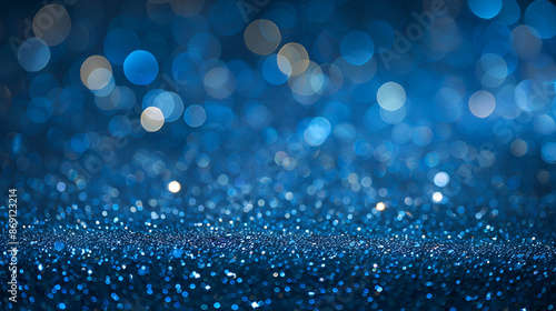 Abstract background texture Blue Glitter and elegant,Science fiction. Glow blue particles on blue background are hanging in air for bright festive presentation with depth of field and light bokeh eff 