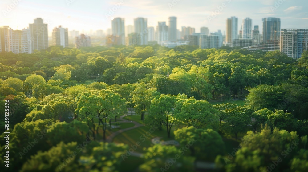 Fototapeta premium An aerial photograph captures a vibrant city park filled with lush trees and open spaces. In the background, urban buildings rise against the clear sky