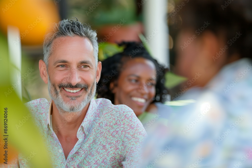 middle-aged Caucasian man with short gray hair and a beard, smiling and conversing with an African American woman at an outdoor café middle-aged Caucasian man with short gray hair and a beard, smiling and conversing with an African American woman at an outdoor café
