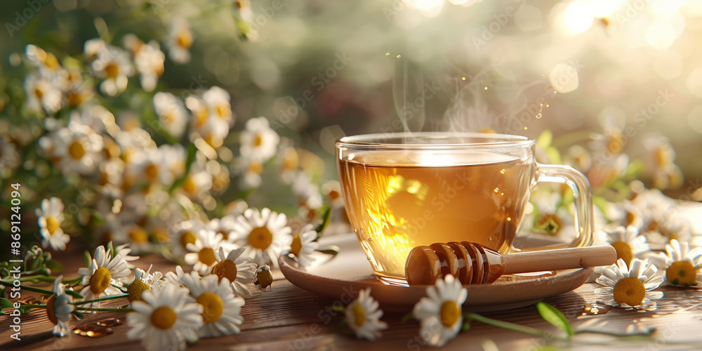 Steaming Herbal Tea with Honey Amidst Fresh Daisies in Sunlit Garden Steaming Herbal Tea with Honey Amidst Fresh Daisies in Sunlit Garden
