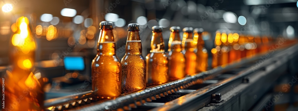 Several bottles of beer are aligned on a conveyor belt at an industrial bottling facility Several bottles of beer are aligned on a conveyor belt at an industrial bottling facility