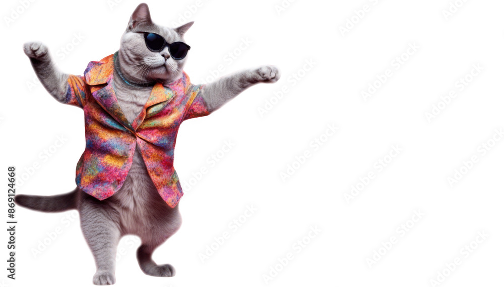 Cool cat in colorful jacket and sunglasses striking a pose isolate on transparent background, cutout, png Cool cat in colorful jacket and sunglasses striking a pose isolate on transparent background, cutout, png