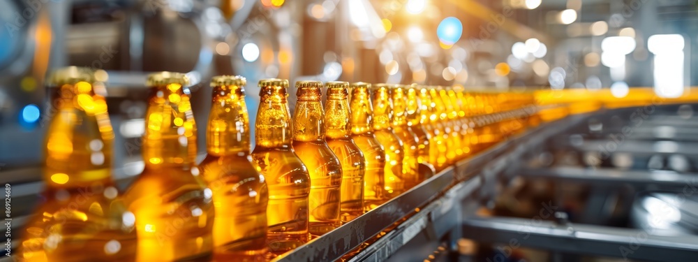  Conveyor belt holds lined-up bottles for beer bottling at facility
