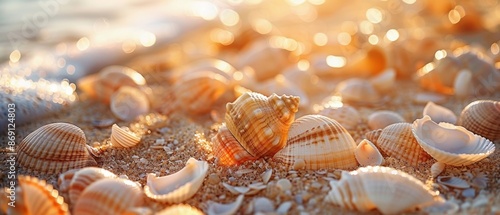 Serene Seashells: Close-up View of Shells on Sandy Beach Bathed in Summer Sunlight