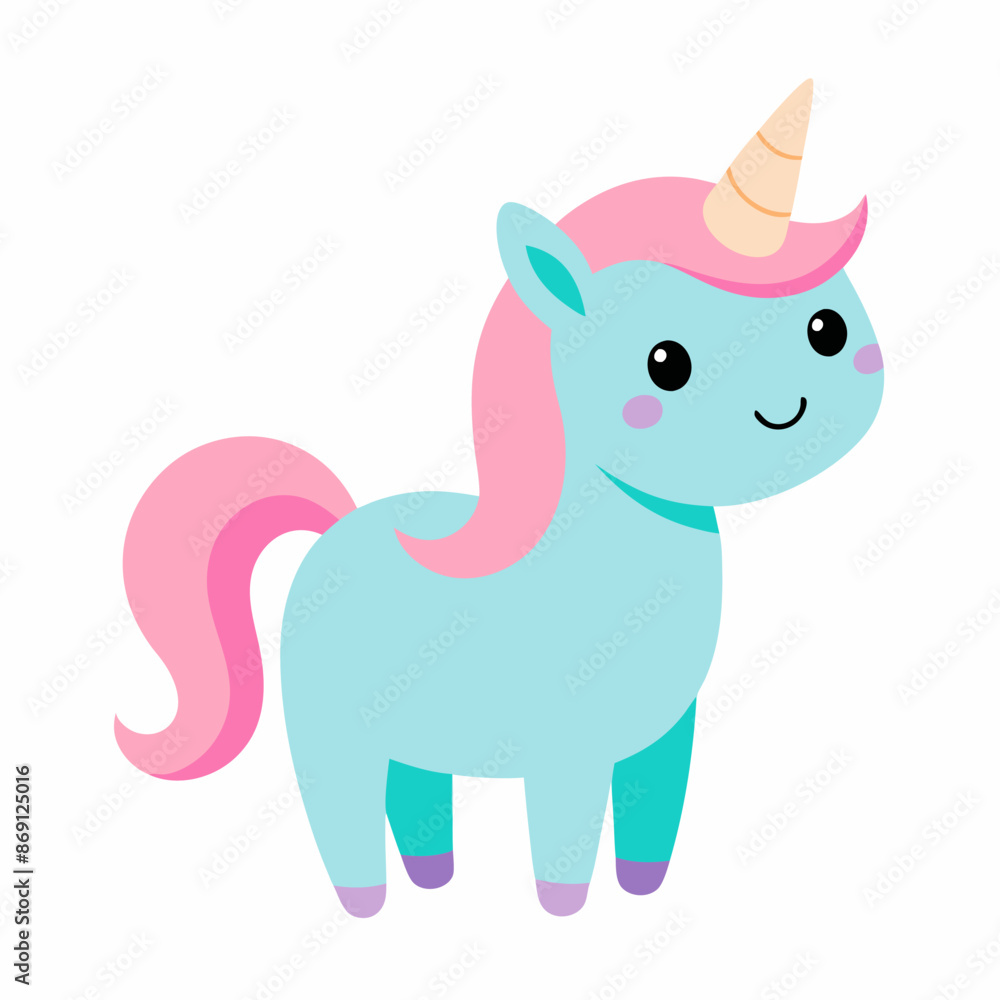 A blue unicorn with a pink mane on white background A blue unicorn with a pink mane on white background