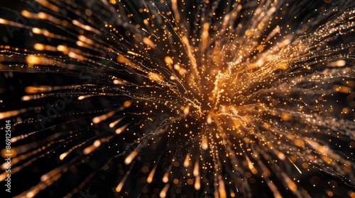 A detailed closeup of a single fireworks explosion, capturing the intricate details of the sparkling trails of light against a dark night sky