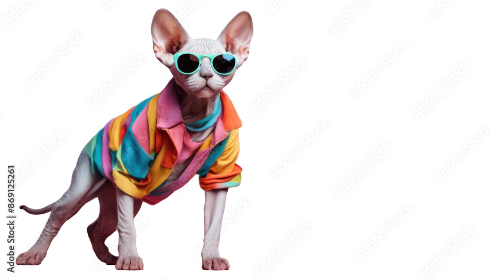 Fototapeta premium Cool Sphynx cat in sunglasses and colorful shirt striking a stylish pose isolate on transparent background, cutout, png