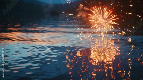 Fototapeta Naklejka Na Ścianę i Meble -  A high-angle photo of fireworks reflecting on the surface of a calm lake at night. The fireworks are bright orange and yellow, and the water is dark blue