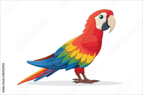 cute parrot bird cartoon posing, isolated on a white background, Flat style cartoon vector illustration. Tropical Cool Bird Red Parrot Macaw. Cartoon red parrot on a white background. 