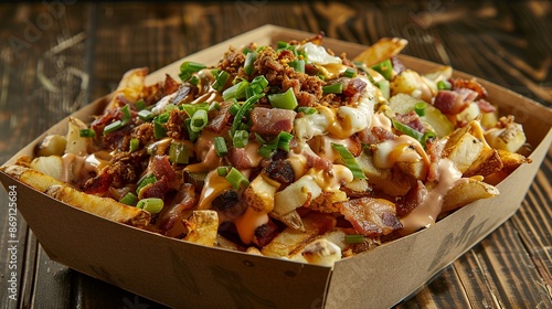 food photography of poutin, with cheese and bacon on top in an industrial container, in a kraft paper box. A large pile of French fries covered in cheddar and various vegetables, adorned with smoky co photo