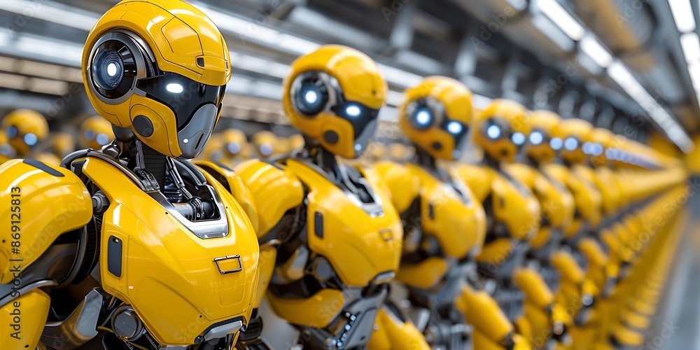 Row of robots in a modern factory. 3d render illustration. Row of robots in a modern factory. 3d render illustration.