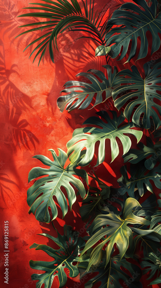 Fototapeta premium Green monstera leaves on red wall background