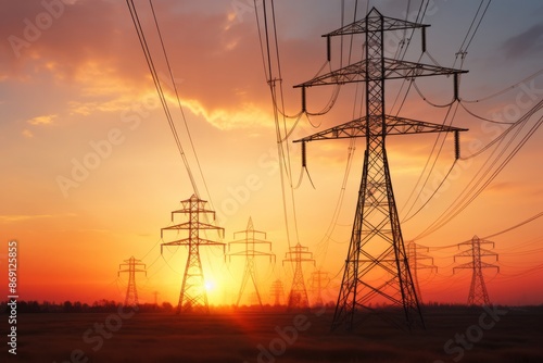 High-voltage power pylons against the backdrop of the sunset sky. Energy infrastructure concept