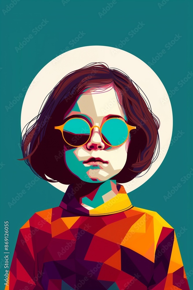 Portrait of a child in sunglasses on a dark background in the cubist style. A low-poly illustration. An image made of multicolored geometric pieces Portrait of a child in sunglasses on a dark background in the cubist style. A low-poly illustration. An image made of multicolored geometric pieces