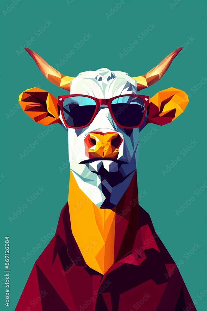 Portrait of a cow in sunglasses on a dark background in the cubist style. A low-poly illustration. An image made of multicolored geometric pieces Portrait of a cow in sunglasses on a dark background in the cubist style. A low-poly illustration. An image made of multicolored geometric pieces
