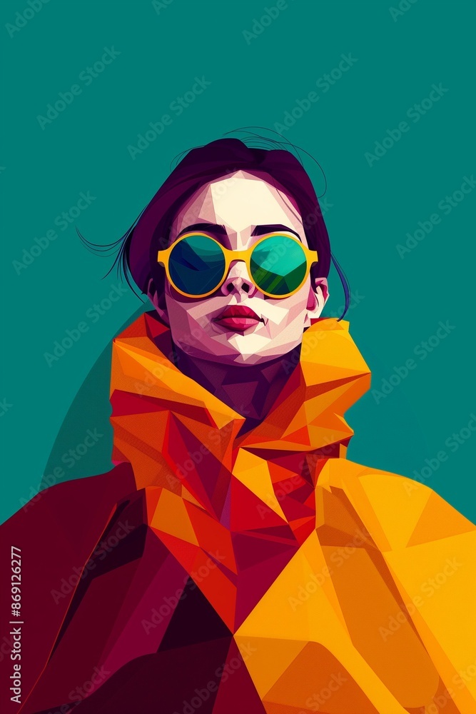 Portrait of a woman in sunglasses on a dark background in the Cubist style. A low-poly illustration. An image made of multicolored geometric pieces Portrait of a woman in sunglasses on a dark background in the Cubist style. A low-poly illustration. An image made of multicolored geometric pieces