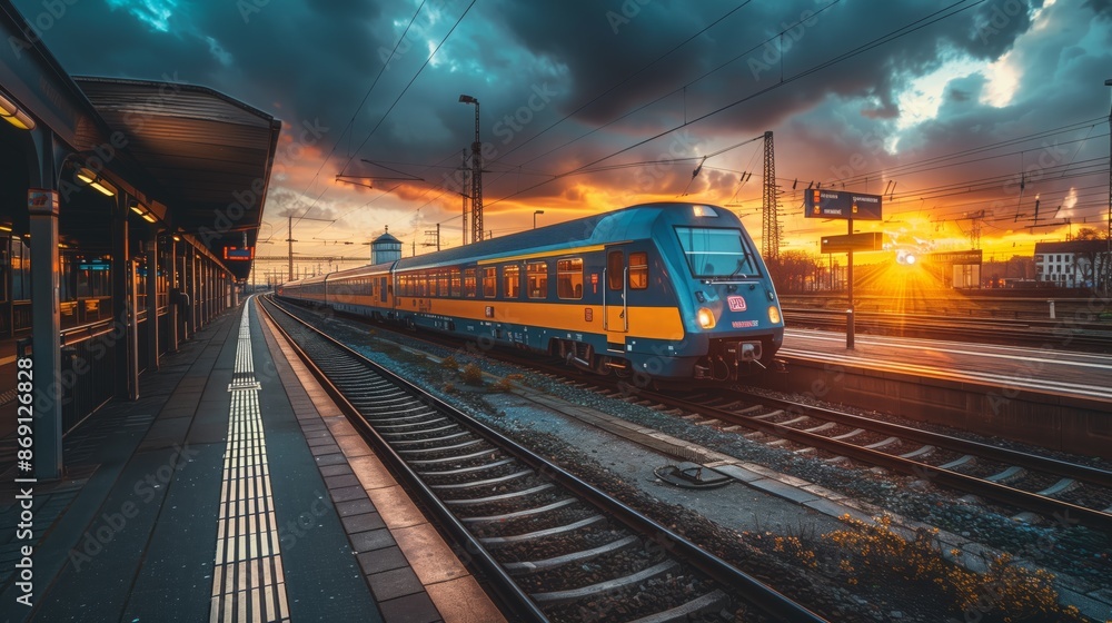 Naklejka premium Train Station at Sunset. Vibrant train station at sunset with a high-speed train on the tracks, capturing the serene beauty of urban transportation in twilight.